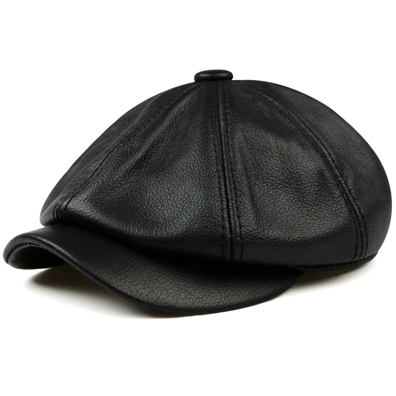 Hats Men 2024 Spring 100% Genuine Leather Warm Cap Male Beret Painter Boina Cowhide Octagonal Casquette High Quality Streetwear