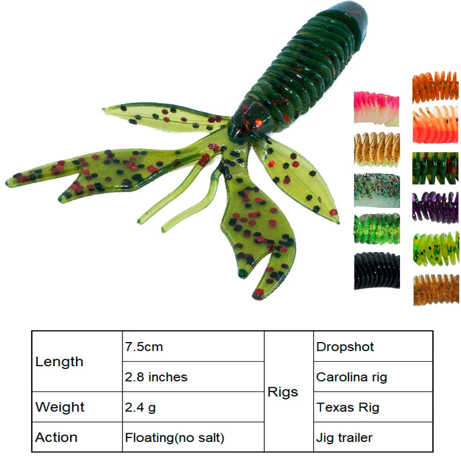 Lure Slick Craw Baits Fishing Lures 7.5cm 2.4g 6pcs Creature Bass Perch Pike Zander Drop Shot  Jigs Texas Rig Soft Fishing Lures