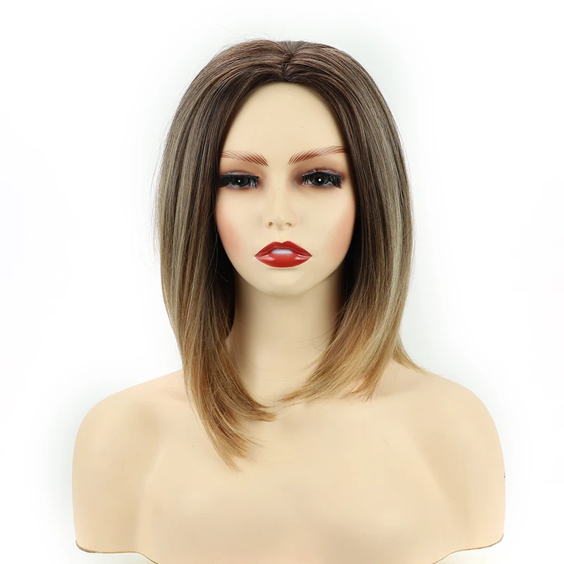 Synthetic Short Bob Straight Wig Honey Brown Middle Part Wigs for Women Heat Resistant Hair Ombre Blonde New Fashionable Hairs