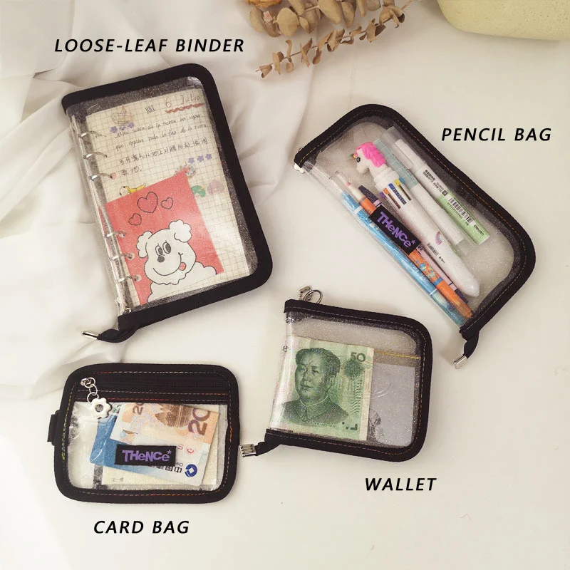 Korean Ins Laser Transparency Pencil Bag PVC Black Border Flash Powder Loose-leaf Binder Girl Personalized Bank Card Bag Wallet