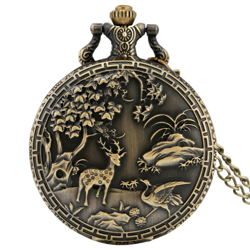 Exquisite Bronze Elk Design Quartz Pocket Watch Vintage Necklace Watch Fob Chain Pocket Clock Gifts