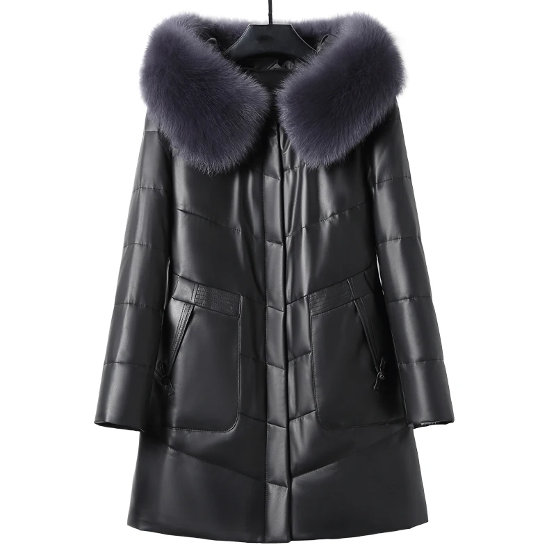 Winter Women\'s 90% White Duck Down Jacket Long 100% Leather Jacket Female Hooded Fox Fur Woman Clothes Monteau Femme WPY4688