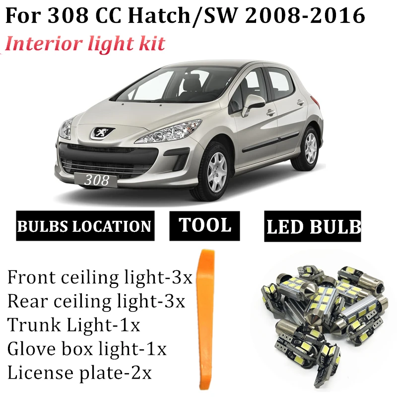 10x Car Canbus LED Light Car Interior Lights Kit For Peugeot 308 CC Hatch/SW 2008-2016 Trunk License Plate Reading Lamps