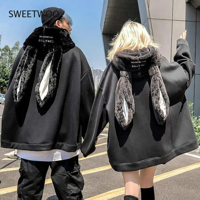 Autumn Gothic Harajuku Style Couple Hoodie Cute Rabbit Ear Pullover Fashionable Loose Slim Long Couple's Preppy Coath