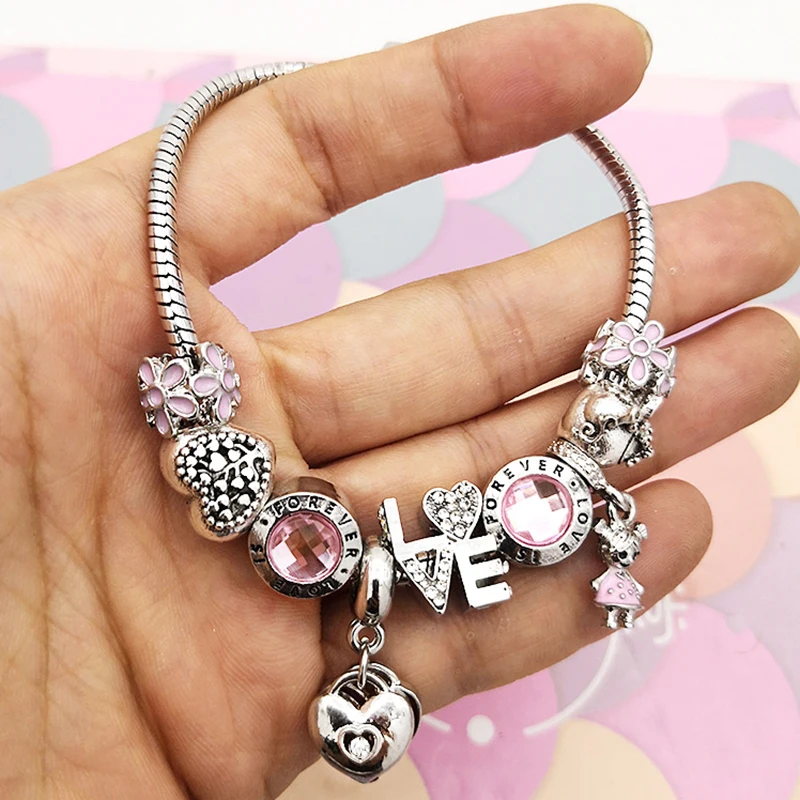 Fashion FOREVER LOVE Beads Charm Bracelets For Women With Siver Color Chain Bracelets As Couple Christmas Jeweley Pulseira Gift