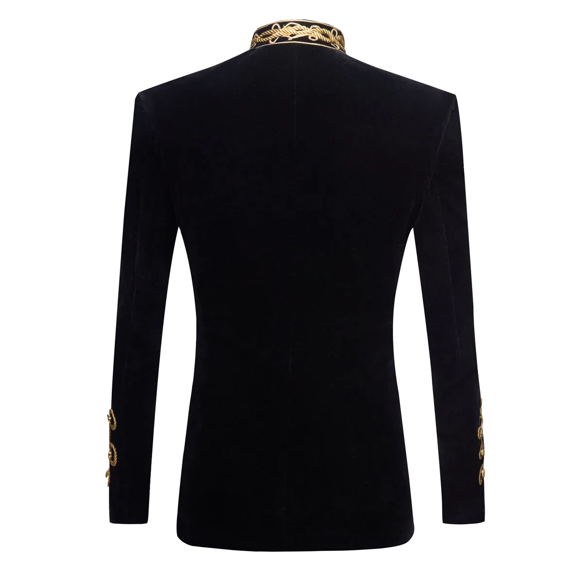 European Style Male Model Vintage Gold Double-breasted Court Stand Collar Black Velvet Jacket