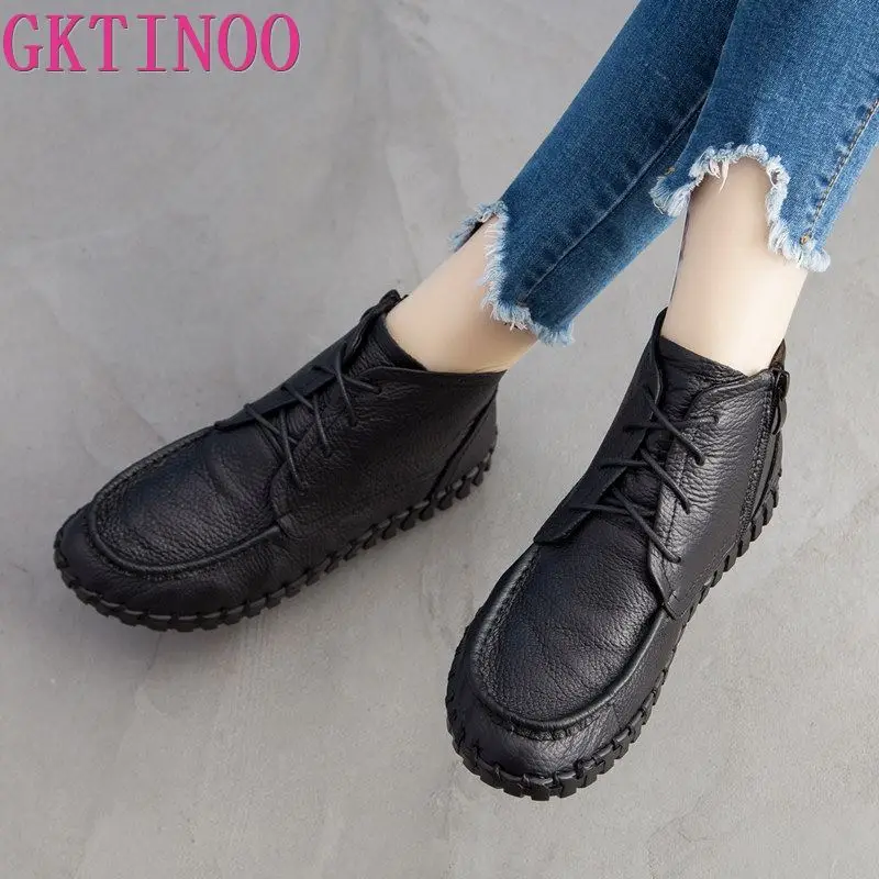 GKTINOO 2024 Vintage Style Genuine Leather Women Boots Flat Booties Soft Cowhide Women\'s Shoes Ankle Boots zapatos mujer