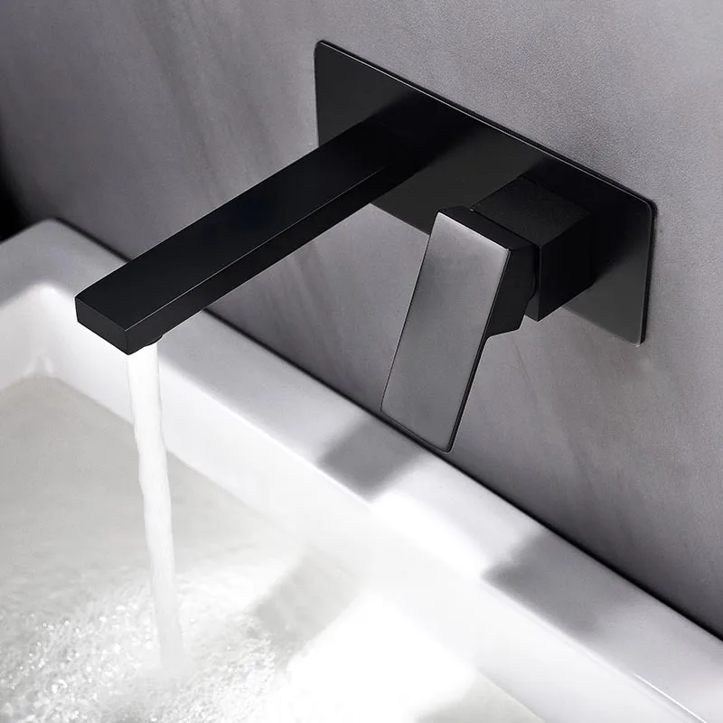 Wall Mounted Bathroom Washbasin Faucet Black And Chrome Brass Square Bath Cold And Hot Water Mixer Taps