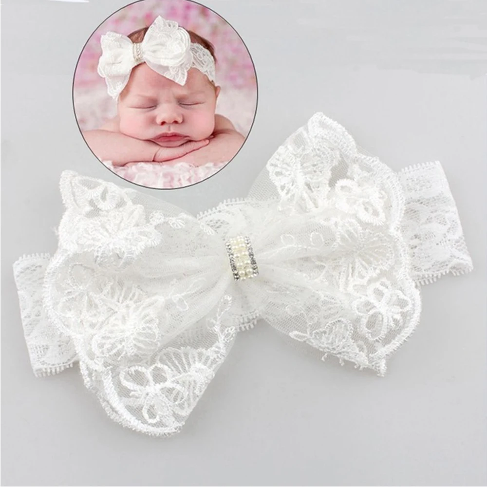 Withe Lace Crystal Bow Flower Baby Headbands for girl Elastic Baby Accessories Kids headwear Newborn hairbands photography props