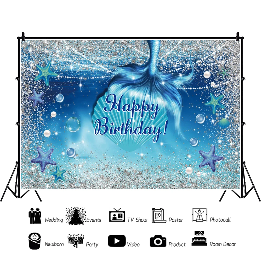 Arrière-plan de photographie de princesse sirène avec perles, décor de fête d'anniversaire pour bébé, Portrait, Studio Photo