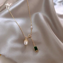 2025 New Elegant Baroque Pearl Pendant Gold Colour Necklace For Womans Fashion Green Crystal Jewelry Sexy Girl's Clavicle Chain