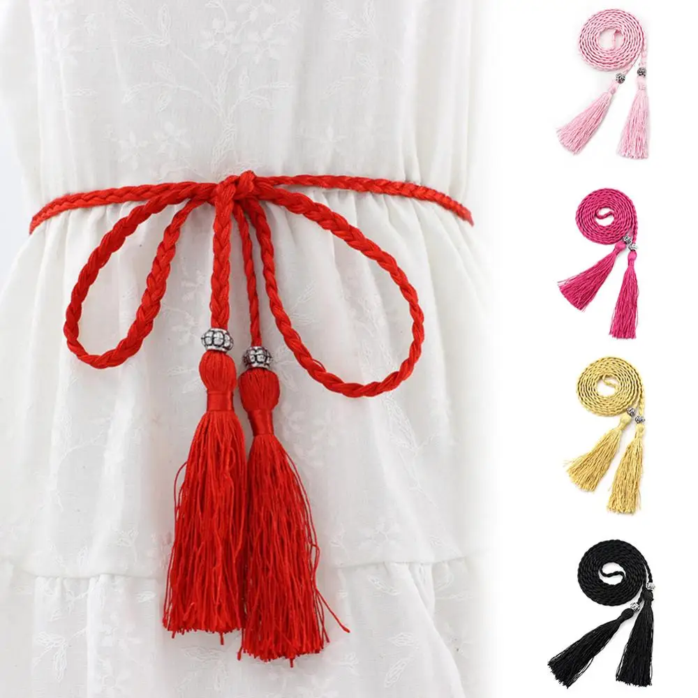 Waistband Cotton Linen Ethnic Women Braided Knot Tassel Belt Waistband Skinny Thin Waist Rope Strap Adjustable Dress Decor