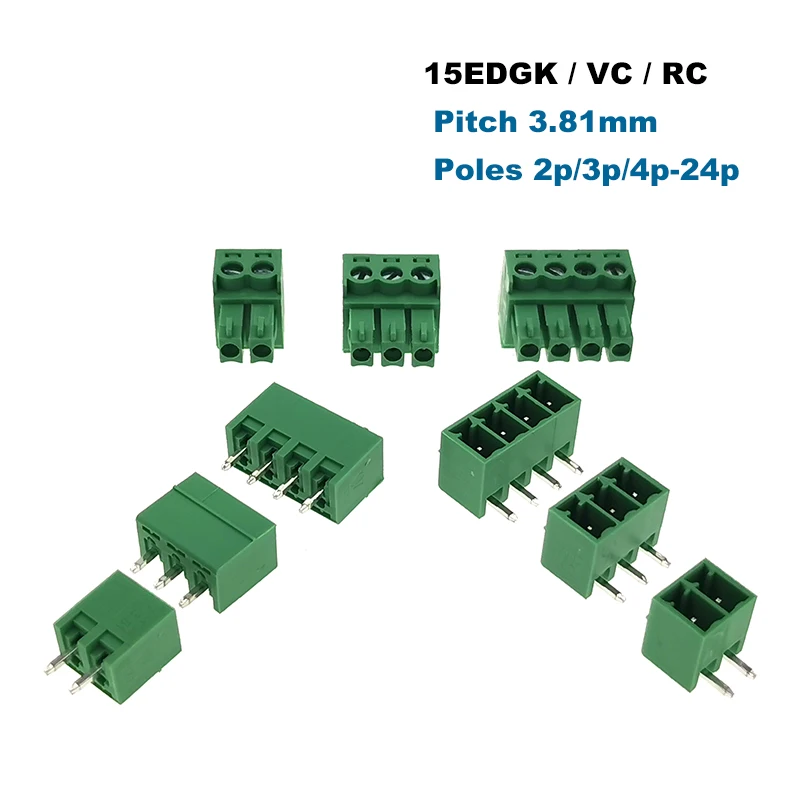 

Pitch 3.81mm Pluggable PCB Screw Terminal Block Male Female Connector 15EDGK+VC/RC Vertical Straight Pin 2~10P Morsettiera