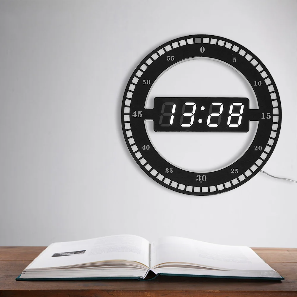 Desktop Table Clock Creative Mute Hanging Wall Clock Black Circle Automatically Adjust Brightness Digital Led Display US/EU PLUG