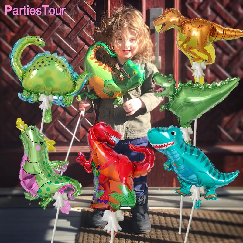 5pcs Mini Dinosaur Balloon and Sticks Holders Jurassic Party Helium Foil Ballons Dino Birthday Decorations Kids