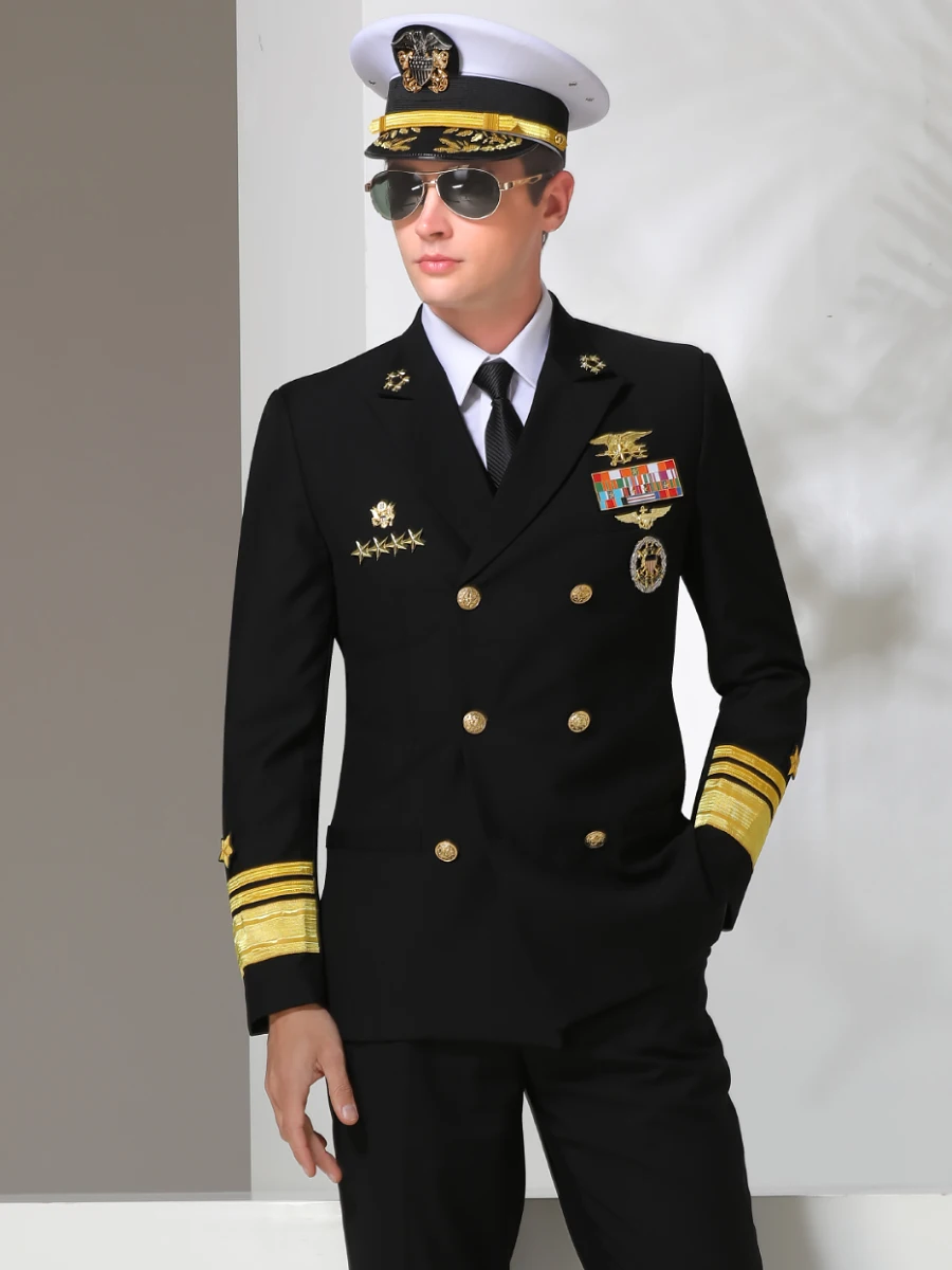 American Captain Uniform Pilot Colonel Suits Men Stage Performance Black Costumes Business Casual Blazer Suit