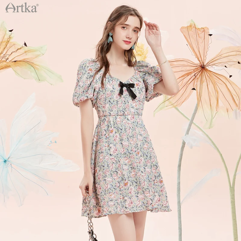 

ARTKA 2021 Summer New Women Dress French Vintage Bow Square Collar Floral Dress Elastic Waist Lantern Sleeve Midi Dress LD28017X