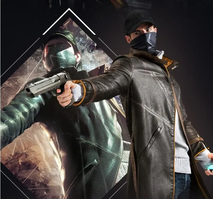 Aiden Pearce Costume PU Leather Coat + Cap + Scarf Face Mask One Set Cosplay Game Costume