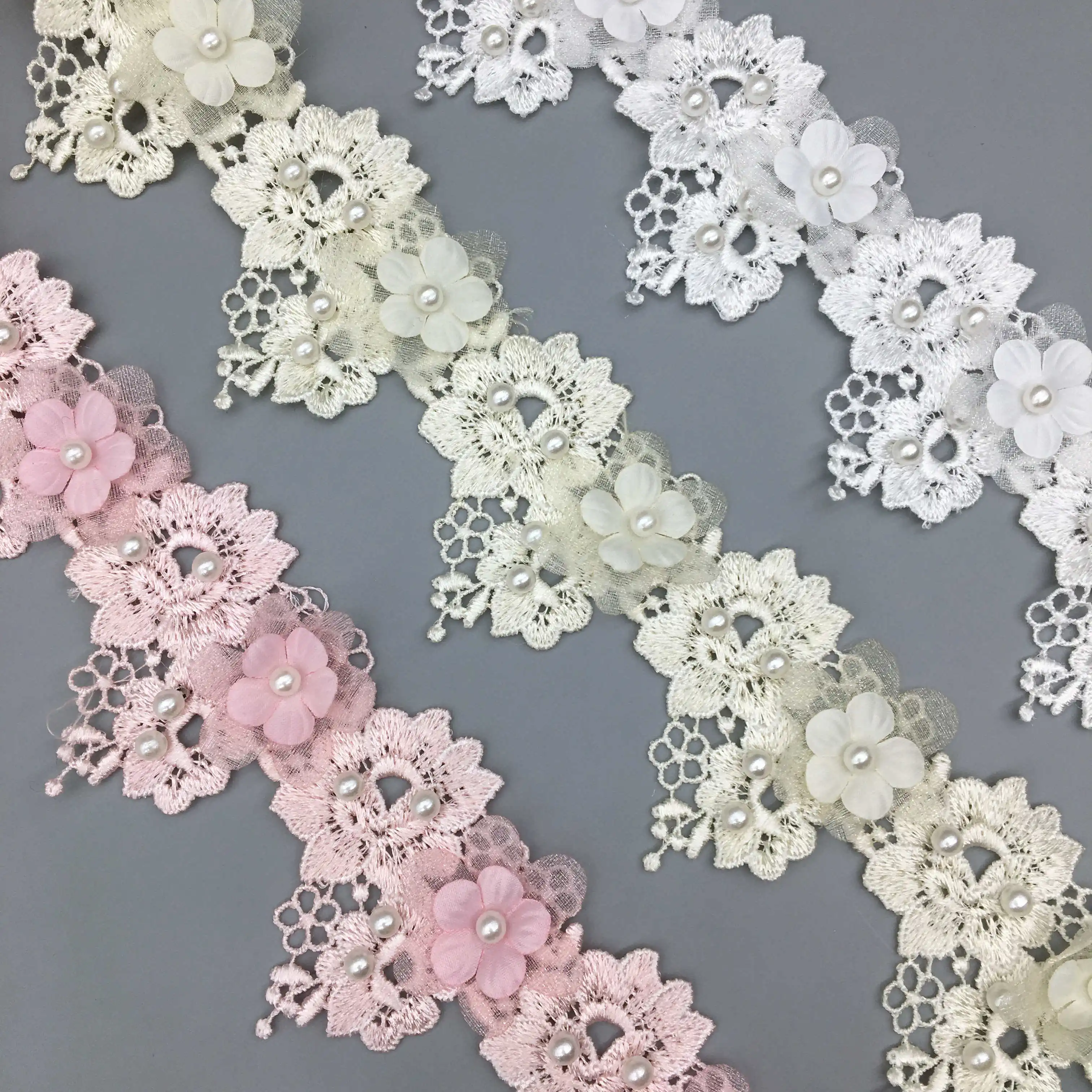 1 Yard 3D Flower Pearl Lace Trim Embroidered  Lace Ribbon Fabric Handmade Beaded Sewing Craft For Costume Hat Decoration 5cm