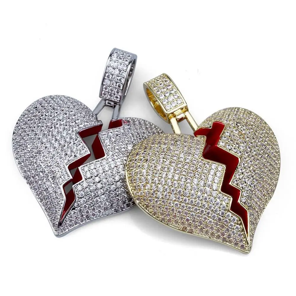 

Micro Paved AAA+ Cubic Zirconia Iced Out Bling Broken Heart Pendants Necklace for Men Hip Hop Fashion Rapper Jewelry Gifts