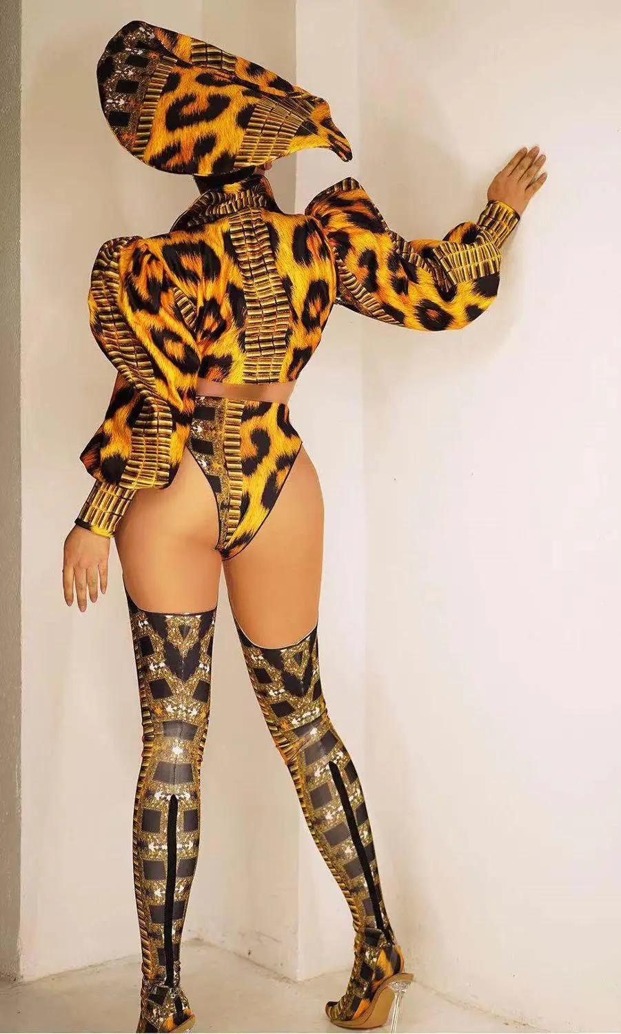 Conjunto de ropa de cantante y bailarina de Jazz para mujer, camisa con patrón de leopardo, gorra corta, mallas, traje para baile de graduación, Club, Cosplay, Bar, DS, Show