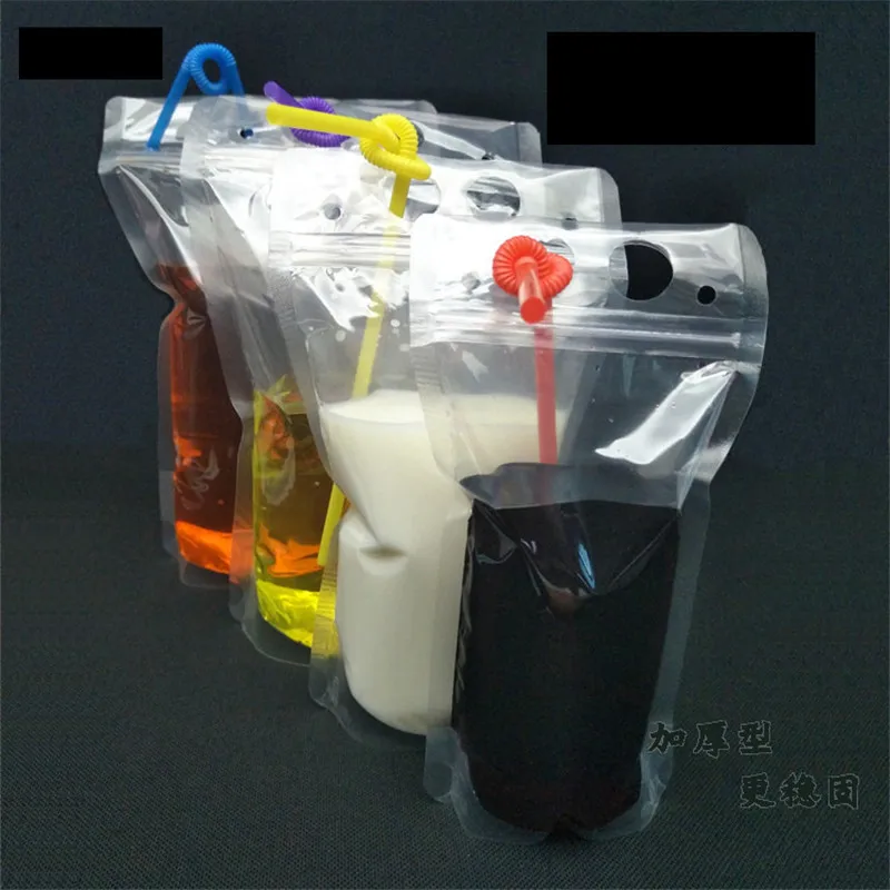 500Pcs/Lot 250/500/750/1000ml Plastic Drink Packaging Bag Pouch for Beverage Juice Milk Coffee with Handle and Holes for Straw