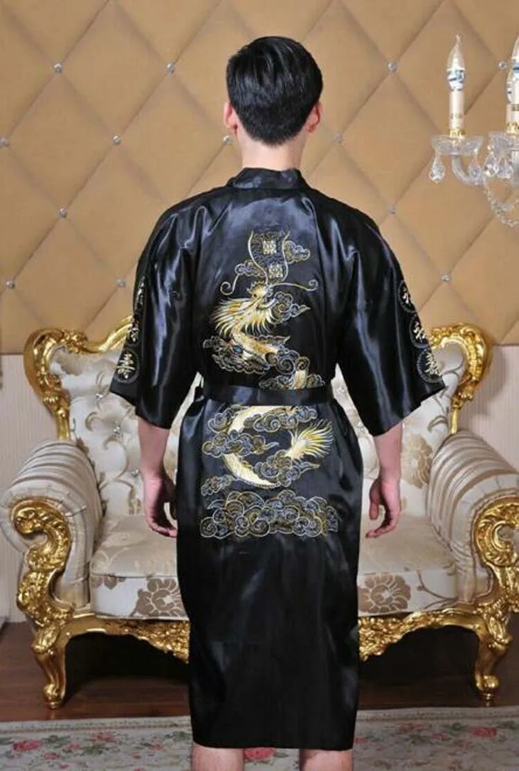 Wholesale Hot Sale New Chinese Men's Women's Satin Silk Robe Embroidery Kimono Bath Gown Dragon Size M L XL XXL XXXL