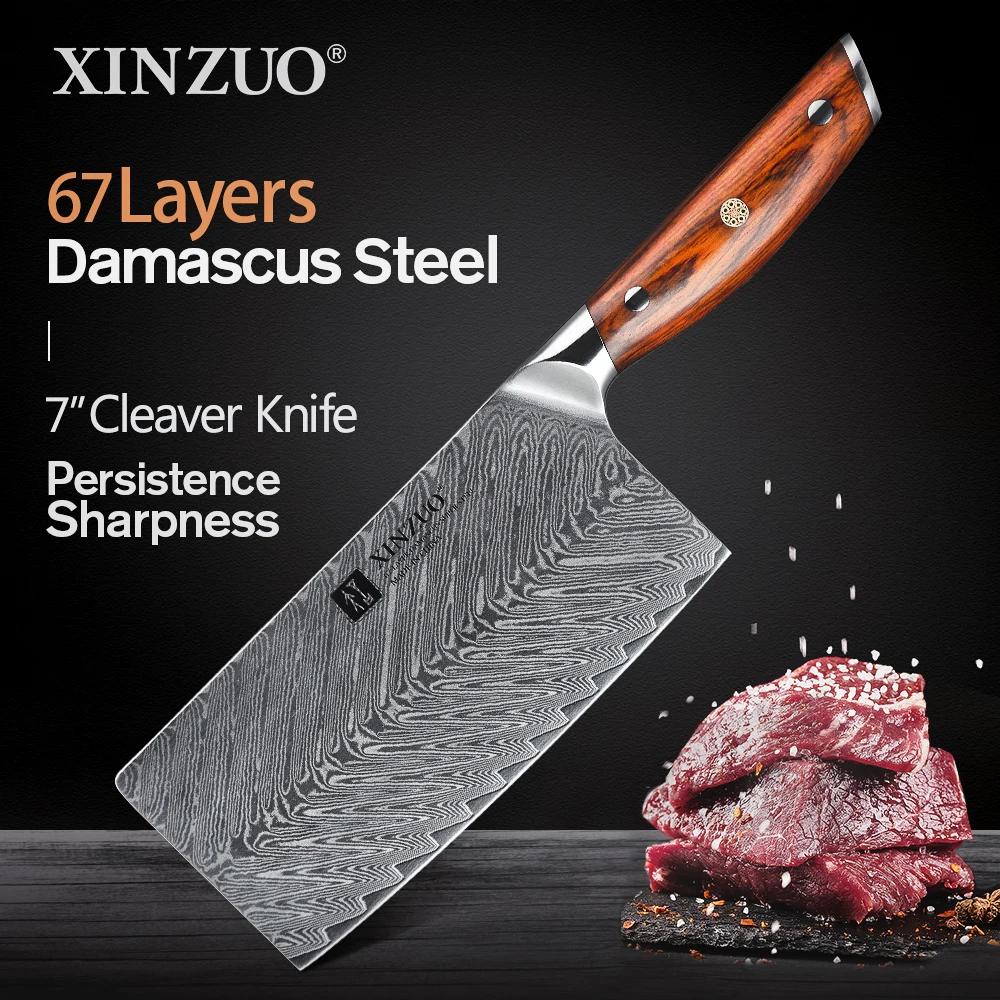 XINZUO 7'' Inch Cleaver Kitchen Knife High Quality Damascus Steel Professional Cooking Slicing Meat Knives Kitchen Chef's Knife