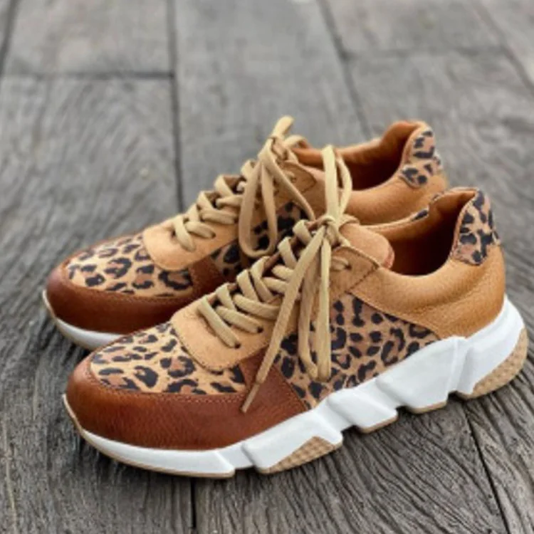 New Thick-soled Round Toe Low-top Leopard Print Women\'s Singles Cross-large Stitching Lace-up Sneakers