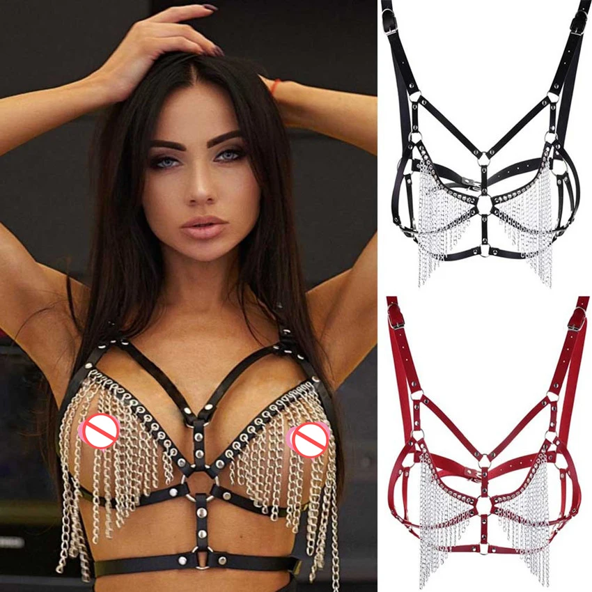 Accessori del sesso imbracatura a catena in pelle reggiseno per il corpo petto Goth Punk collana a catena Sexy donne BDSM Bondage Nightclub