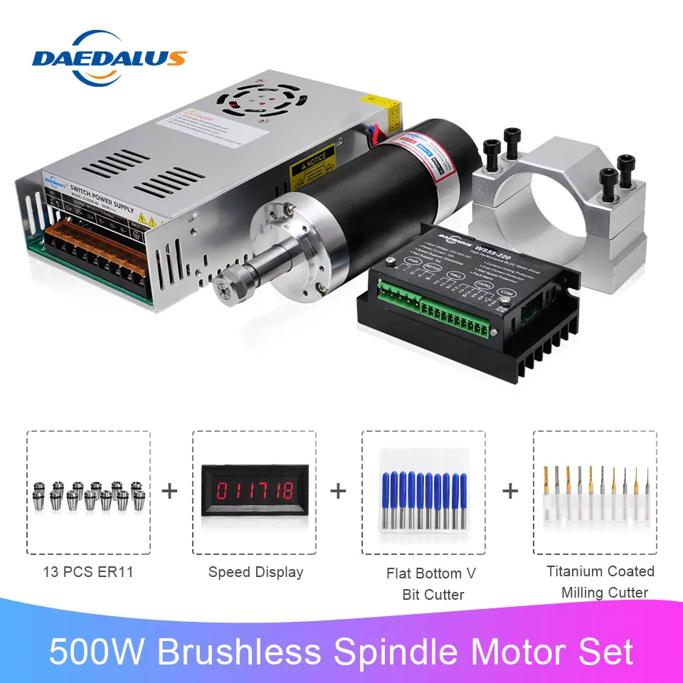 Daedalus 500w Brushless Spindle Motor ER11 DC Motor for CNC Milling with Power Supply Driver 55MM Clamp Bracket ER11 Collets