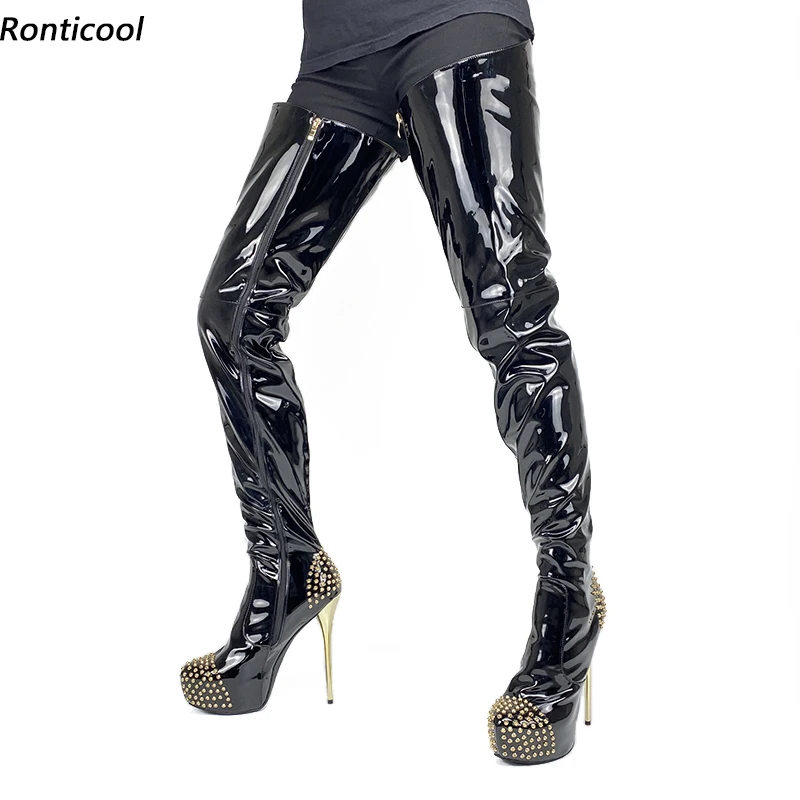 

Ronticool Italian Women Platform Thigh Boots Patent Leather Studs Stiletto Heels Round Toe Black Night Club Shoes Us Size 5-20