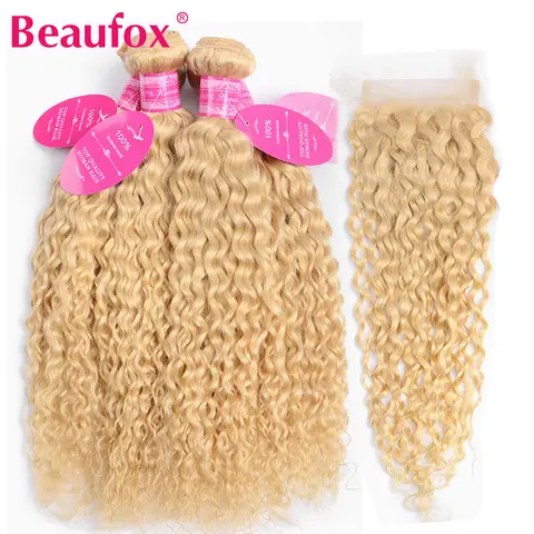 Beaufox 613 Peruvian Water Wave Bundles With Closure 613 Bundles With Closure Remy Blonde Human Hair Bundles With Closure