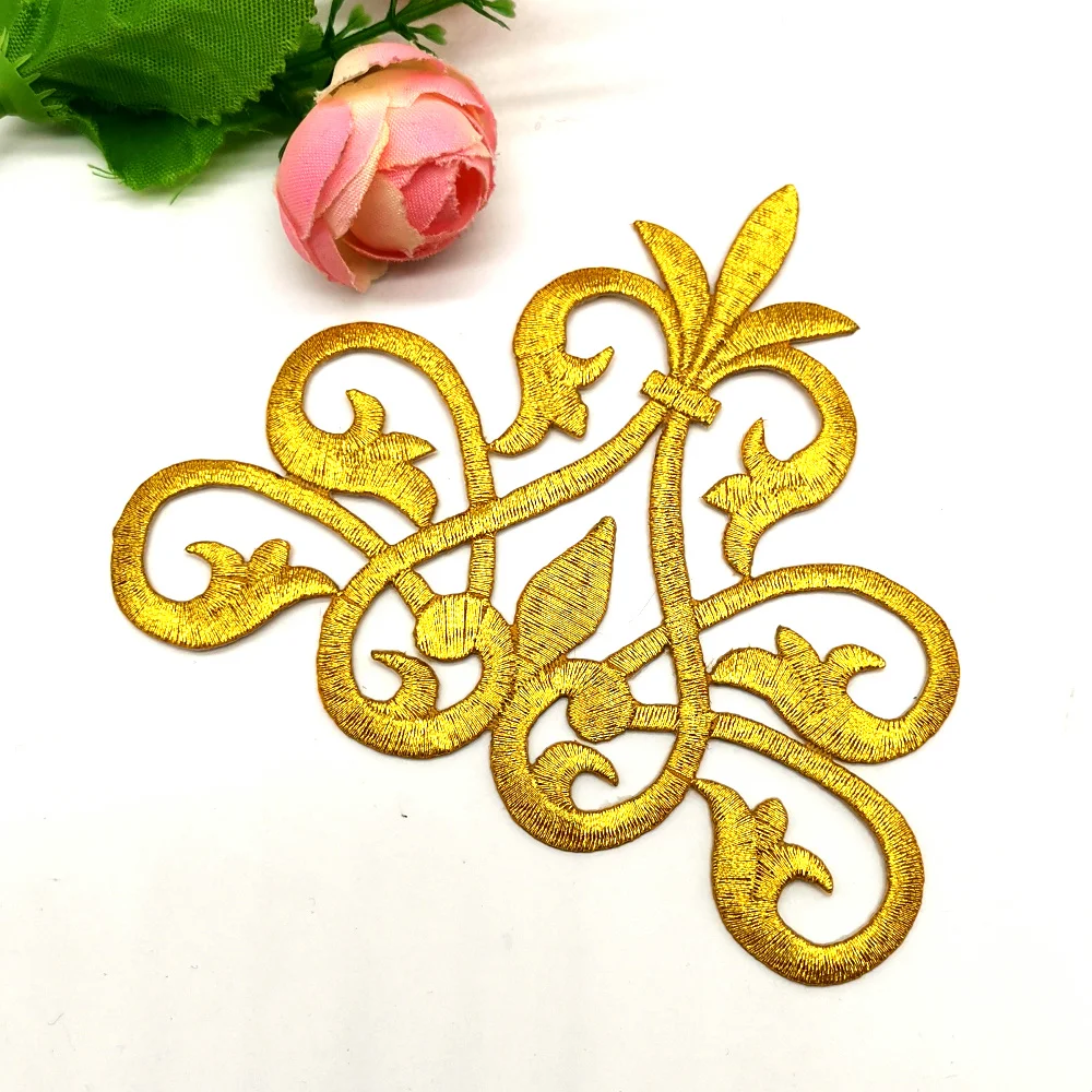 1 Piece Gold Embroidered Patches Iron On Flower Appliques For Garment Diy Trims Shiny Metallic Golden Accessories 11*9.5cm