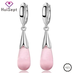 HuiSept Fashion 925 Silver Earrings Jewelry Water Drop Pink Cat Eye Stone Long Style Ornaments Earrings for Female Wedding Party