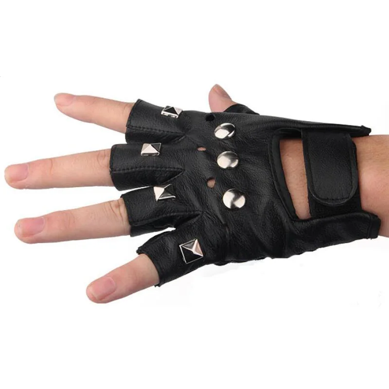 Men Women Half Finger Dance Performance Pu Leather Gloves Punk Hip Hop Rivet Breakdancing Non Slip Cycling Driving Mittens D10