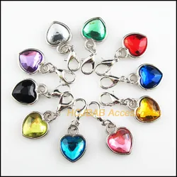 20Pcs Dull Silver Plated Retro Mixed Acrylic Heart With Lobster Claw Clasps Charms 12.5x16.5mm