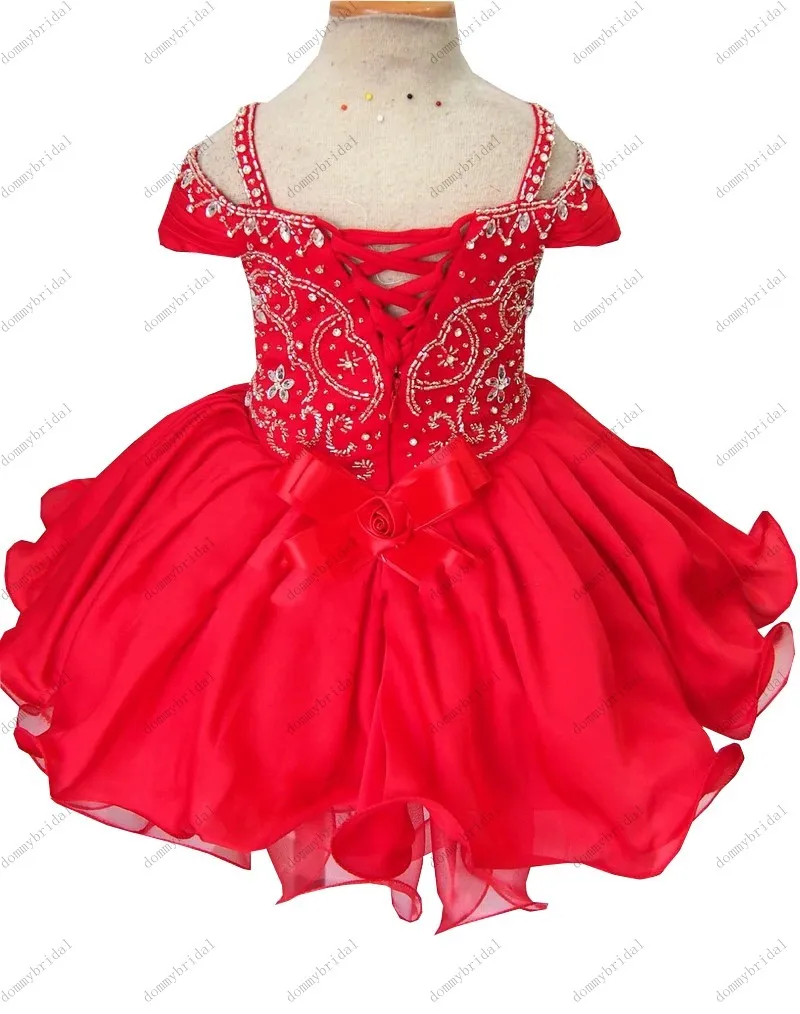 Lovely Red Cupcake Toddler Short Girl's Pageant Gown Chiffon Cold Shoulder Boho Stylish Crystal First Holy Communion Night Dress