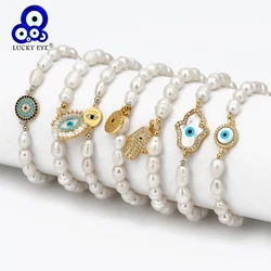 Lucky Eye Irregular Pearl Beads Fatima Hand Blue Turkish Evil Eye Charm Bracelet Adjustable for Women Girls Fashion Jewelry BE72