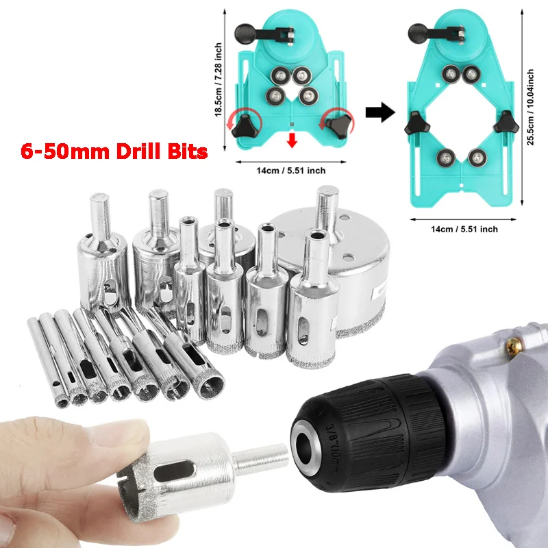 15Pcs Diamond Coated Drill Bits with Hole Saw Guide Jig Fixture Set 6-50mm/1