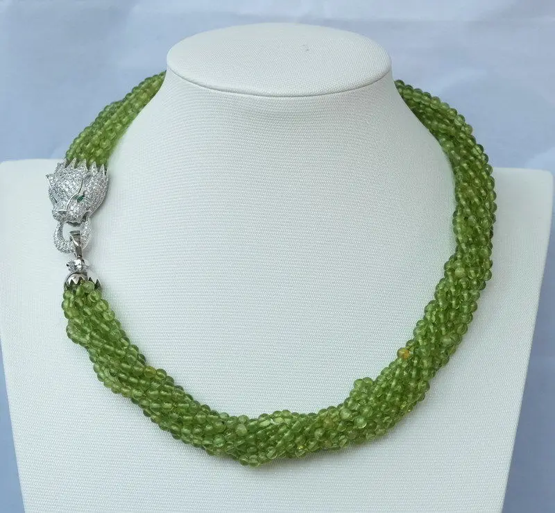 

new 4MM 8strds natural peridot Round necklace-zircon pendant 17"