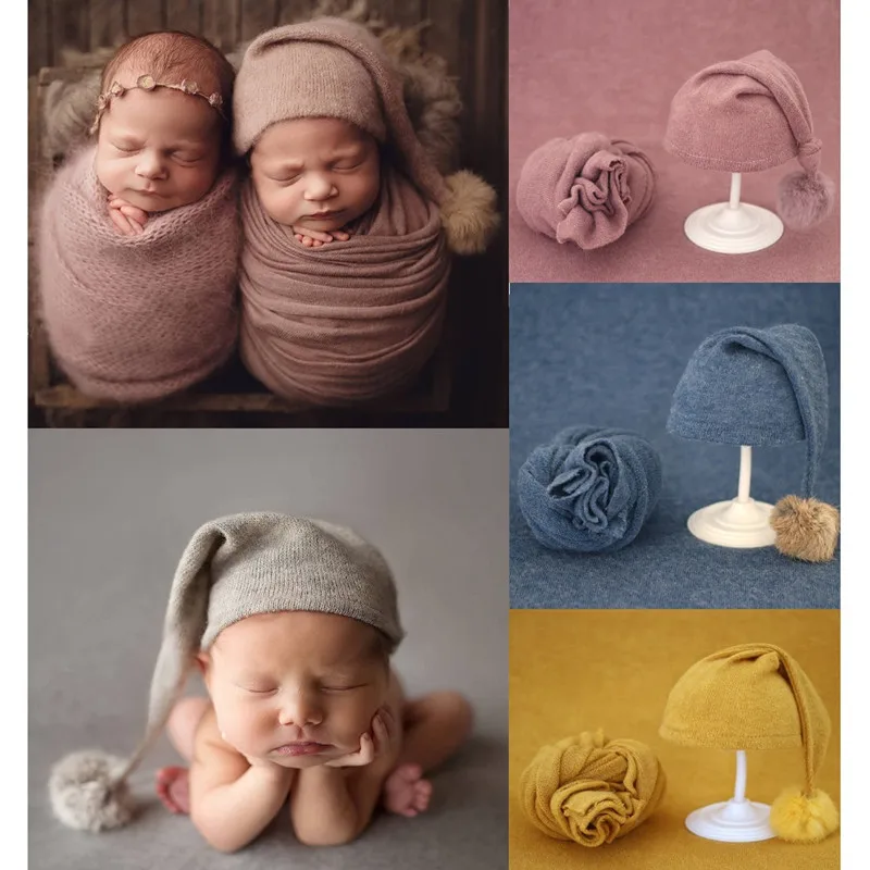 2pcs/set Newborn Photography Props Blanket  Baby Fur Ball Knitted Hat  Baby Beanie  Baby Photo Shoot Accessories