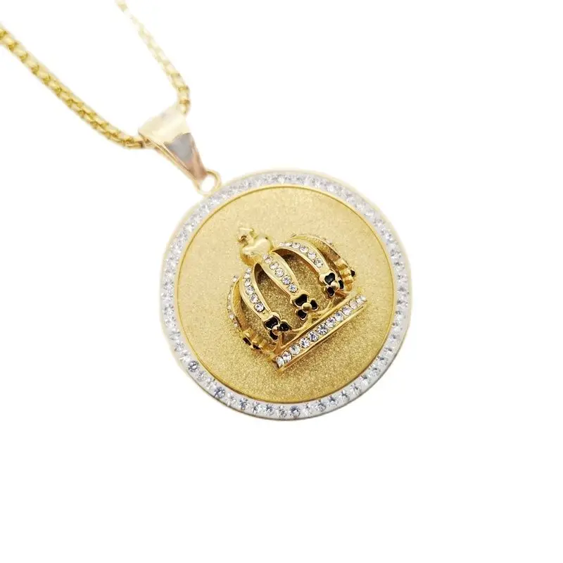 Hip Hop rock White Rhinestones 3D Crown medal pendant necklace Gold color stainles steel Crown necklace fashion jewelry