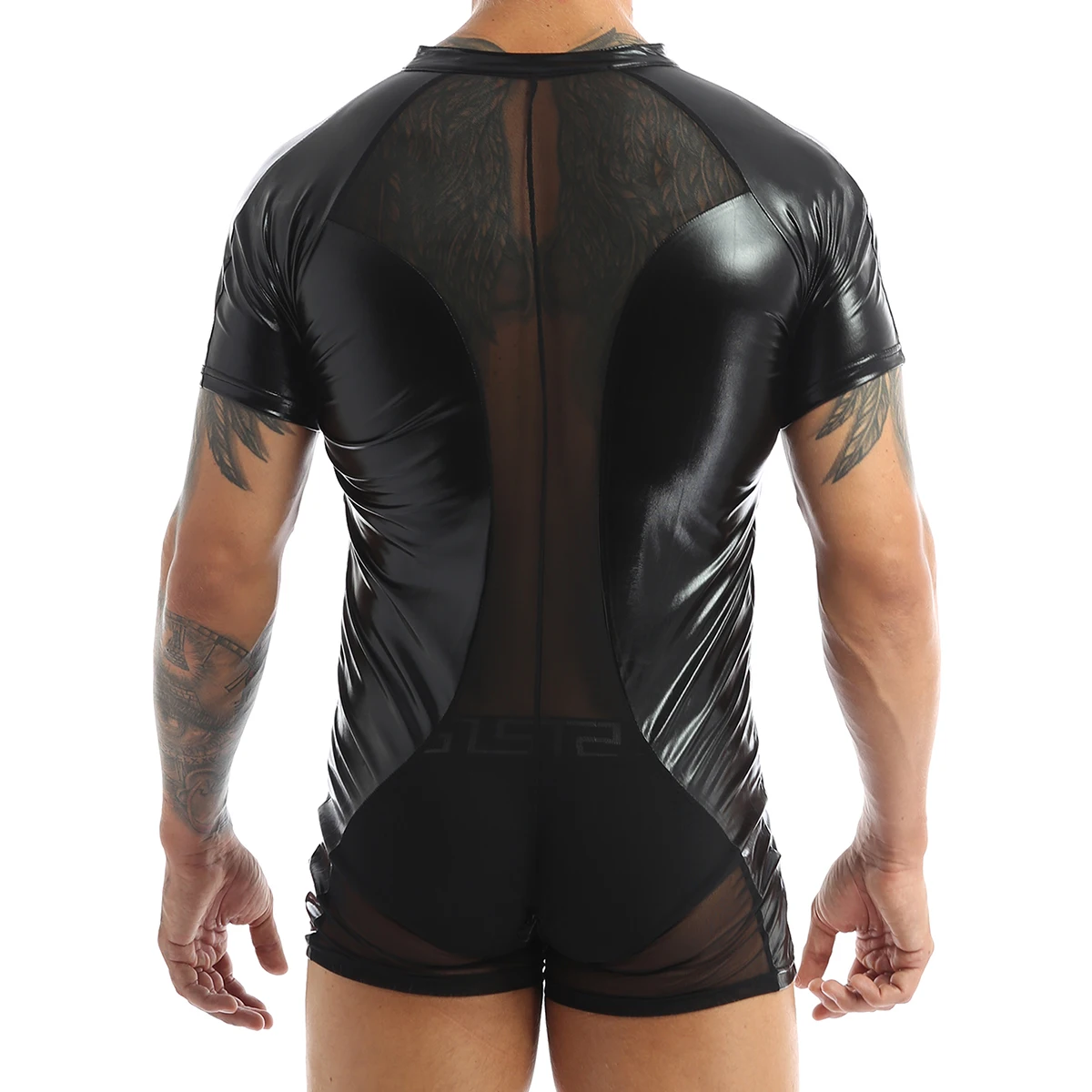 Men Lingerie Latex Bodysuit Pole Dance Wear Shiny Metallic Mesh Patchwork Skin-Tight Leotard Short Bodysuit Jumpsuit Clubwear