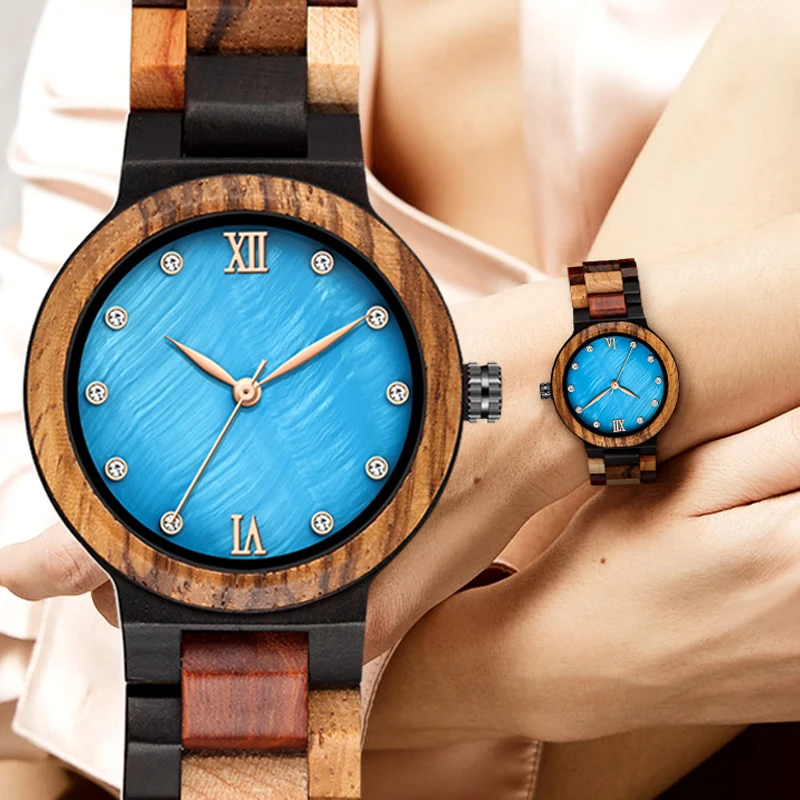 Unique Sapphire Blue Face Wooden Watches Handmade Full Wooden Band Quartz Watch Women's Watches Ladies Dress Clock Reloj Mujer