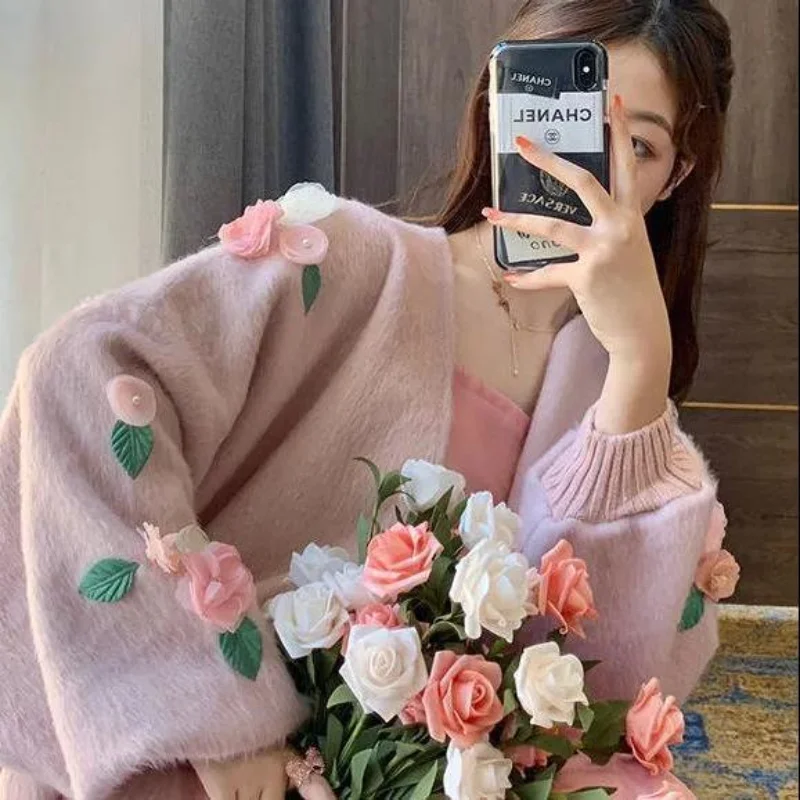 French Retro Cardigan Sweaters Flower Pink Puff Sleeve Knitwear Japanese Loose Three-Dimensional Decoration Woolen Coat Blouse