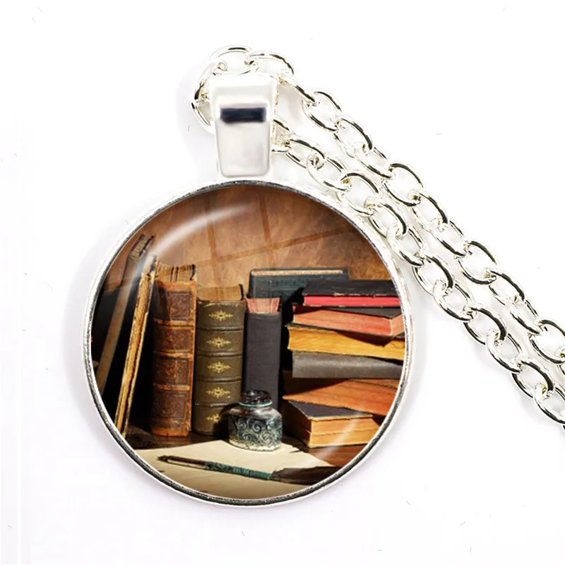 Hot Old Book Necklace Vintage Library Art Pattern Glass Cabochon Pendant Badge Statement Necklace Nerd Reader Bookworm Gifts