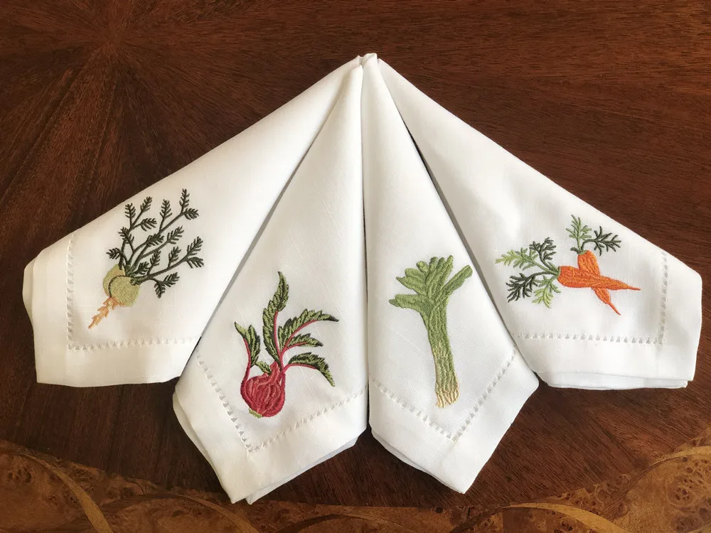 @Vegetable Napkins Hemstitched Embroidery, Linen+Cotton Table Decor, Beetroot, Fennel, Carrot,Home/Airbnb/Banquets/Hotel