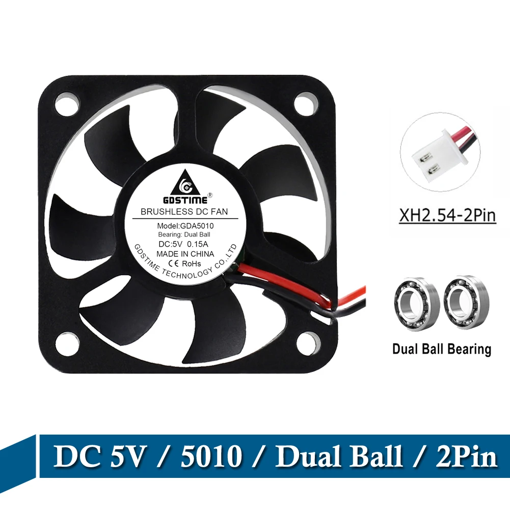 

2PCS Gdstime DC 5V 50mm 50x50x10mm 5010 5cm 2Pin Ball Bearing Mini Brushless Computer Case Cooler Radiator Motor Cooling Fan