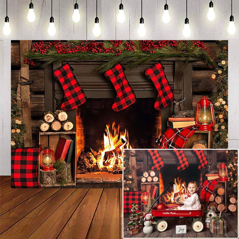 Christmas Photography Background Christmas Tree Gift Fireplace New Year Backdrop Family Party Decorative Props Banner Studio